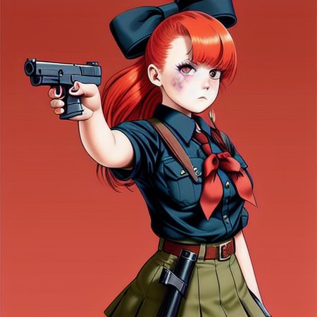 ((ultra-detailed)), ((illustration)), indoors, classroom, 1girl, solo, cowboy shot, (red hair), hair over one eye,  Glock17, shirt, skirt, bow ribbon, knee boots, (disgust), looking at viewer, looking down,(trigger dicipline), gun, gun to head, holding gun, <lora:glock17:0.6>