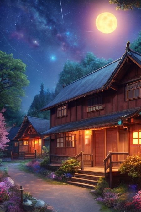masterpiece, best quality, oriental summer night on village's outside, sleeping houses in oriental style, leaning fences and paths along the houses, low bushes and an old wooden bench. Stars, night sky,  warm colors, easy style, artstation, 4k, high resolution, (masterpiece:1.2), best quality