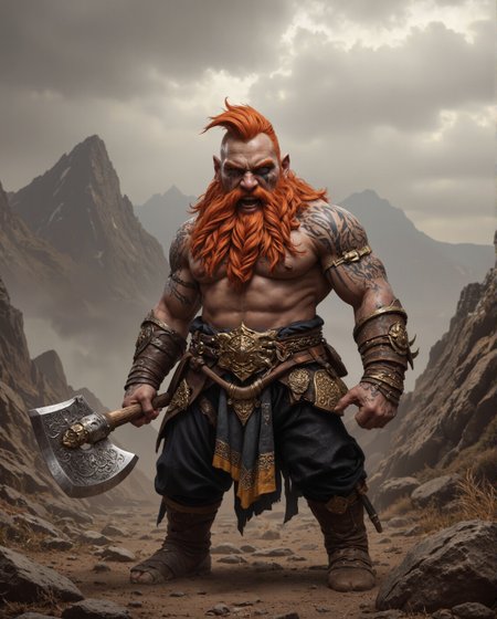 a fierce dwarven warrior in a detailed fantasy art style, standing aggressively against misty mountains. The most striking feature is his magnificent red-orange beard, intricately braided into multiple plaits extending down his chest, matched by a mohawk-style haircut of the same vibrant color. The dwarf combines traditional fantasy elements with a savage, barbaric aesthetic. His muscular upper body is largely exposed, showcasing elaborate blue tribal tattoos swirling across his shoulders and arms in Celtic-inspired patterns. He wears dark leather pants with metal and leather accessories, along with ornate golden arm bands and bracers featuring detailed dwarven engravings. In his hands, he wields two massive battle axes decorated with golden inlays and intricate patterns. The axe heads feature distinctive angular designs and detailed metalwork. His facial expression conveys intense battle rage, with bared teeth and a fierce grimace. chain necklace complete his warrior appearance. background features craggy mountain peaks shrouded in brownish-grey mist, creating a moody atmosphere. The artistic style is semi-realistic, with careful attention to beard texturing, weapon designs, and interplay of light and shadow. Rather than full plate armor, the emphasis is on physical power and tribal elements while  The composition draws viewers from his fierce face to his weapons, creating a complete picture of raw power and martial prowess.