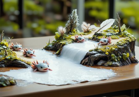 A miniature diorama of an image shot with significant tilt shift effect of tiny axolotls, high angle view, Tiny axolotls using a feather as a raft, floating down a stream of spilled milk, their faces filled with excitement as they drift toward the edge of the table., the tiny axolotls have pink frilly gills and round black eyes<lora:Axomodel_Flux_V1.1.safetensors:0.9:0.9> <lora:Diorama_Flux.safetensors:1.5:1.5>