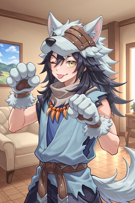 <lora:FlunkyIL:0.8> , fludef, 1boy, black hair, long hair, yellow eyes, wolf hat, wolf hood, wolf pelt, wolf tail, grey scarf, bandana around neck, necklace, tooth necklace, fur trim, blue vest, torn clothes, paw gloves, cowboy shot, ((paw pose)), indoors, living room,  smile, winking, :P, solo, looking at viewer, masterpiece, very aesthetic, absurdres, best quality, amazing quality, high resolution, detailed background,  <lora:illustrious_quality_modifiers_masterpieces_v1:0.8> , <lora:ChamIllustriousBackgroundEnhancer:0.5>