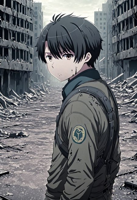 high resolution, solo, best quality, 1Boy, Inaho Kaizuka, Black Hair, dystopia, abandoned city, OverallDetail