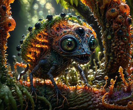 Horror-themed award-winning macro photo, (short depth of field:1.2), the (diminutive:1.4) "happy-go-lucky glugwart" is a (colorful:1.3) mysterious and strange beast (with tiny black eyes:1.2) that dwells in the verdant canopies and whippletorbig fluffernook of the exotic alien world "flatooine quartus", where they harvest eccentoblimeyd spores and (floating particles:1.2) for sustenance, (dappled light:1.1), rim lighting, indigo and sunset orange   perfect composition, ultra detailed, 8k, uhd, ab0m
 <lora:TheWeirdies:0.7>  <lora:detailed_notrigger:1.2> <lora:ab0m1:0.7> <lora:zavy-cntrst-sdxl:0.7> <lora:xl_more_art-full_v1:0.6> . Eerie, unsettling, dark, spooky, suspenseful, grim, highly detailed