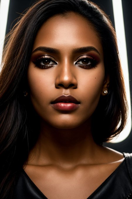 an eye contact of a Trinidadian woman, sick, Splendid, tightline eyeliner, cream lipstick, optical camera, Square jawline, Smoky eye makeup, cyberpunk, bounced lighting, underexposed