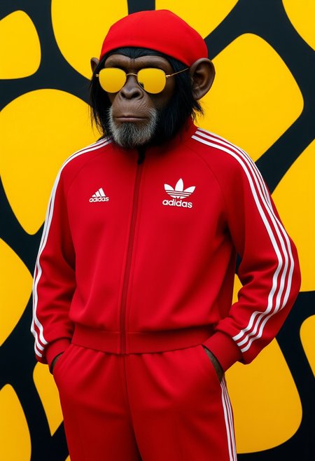 hyperrealistic full-body shot of a chimp with yellow sunglasses wearing a red Adidas-style tracksuit and a red beanie. the background is graffiti shapes in a yellow and black color scheme