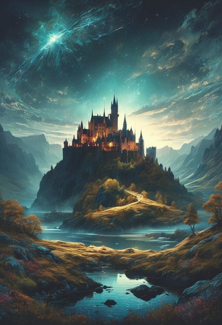 (by Ellen Jewett:1.5), (Bioluminescent Impressionism,) A captivating night scene illustration featuring a beautiful castle on a large  hill overlooking a lake in the highlands of Scotland. The castle is ancient but well maintained and updated and comfortable to live in.  This enchanting artwork captures a serene and peaceful night, where the moon is just starting to rise over the beautiful highlands and castle which   stands resolute amidst highlands, creating a cinematic experience., illustration, cinematic
<lora:DonM3t3rn1tyXL-v1.1:0.7>, DonM3t3rn1tyXL,
OverallDetailXL  <lora:MJ52:0.3>  <lora:SDXLFaeTastic2400:0.4>  <lora:EpicF4nta5yXL:0.7><lora:add-detail-xl:1> <lora:RMSDXL_Creative:2>*Channel_42* ral-wlfnte, PEAnimeBG, scenery, GhostlyStyle