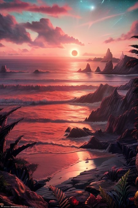 The seashore on another planet is overgrown with plants similar to earthly palms and ferns, the shore slopes steeply down to the water, a rocky shore with small rocks protruding from the foam of the surf, the water is slightly greenish, the sunset sky is painted in light red tones, through which the stars and a large planet are visible, thin white clouds stretch along the horizon, the sun has almost set in the sea. warm colors,   Matte painting, artstation, 4k, high resolution, (masterpiece:1.2), best quality