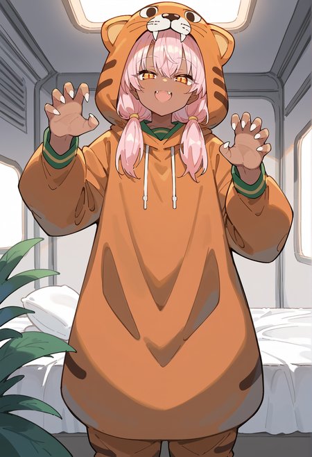 1girl, dark skin, pink hair, orange eyes, medium hair, <lora:Kuro_XL:0.8> animal ears, animal costume, tiger tail, animal hood, hood up, claw pose, looking at viewer, indoors, spacecraft interior, smile, fang, half-closed eyes, bed, plant, white walls, standing  <lora:taiga_fate_xl:1>, score_9, score_8_up, score_7_up, score_6_up, score_5_up, score_4_up, BREAK source_anime, masterpiece