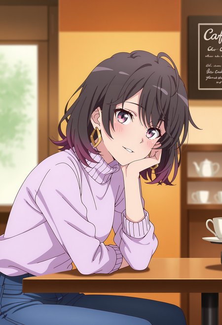 anime screencap, masterpiece, best quality,
<lora:YahariOreNoSeishunLoveComedy_YukinoshitaHaruno_IlluXL:0.9>,
1girl, solo, parted lips, light smile, blush,
medium hair, multicolored hair, black hair, magenta hair, ahoge, multicolored eyes,
turtleneck sweater, light purple sweater, hoop earrings, jeans,
head rest, sitting, looking at viewer,
cafe, indoors, blurry background