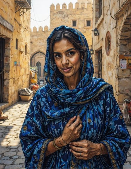 <lora:ck-Ivan-Beslic-Art-Style-000019.safetensors:1> A highly detailed and vibrant digital painting in the style of ck-ib  Under the pale, early morning light, the ancient walls of Nizwa's fortress cast long, intricate shadows across the cobblestone streets. Safiya, now 35, stands at her makeshift studio, a small, sun-dappled room adjacent to her father's bustling shop. Her hands, skilled and steady, adjust the lens of her camera, a tool she has honed with the precision of a master. Today, she captures not just another family portrait or a fleeting moment of daily life, but a personal triumph.
In front of her camera stands a woman, her age around 40, with the strong, weathered features of the desert. Her name is Layla, a local weaver known for her intricate patterns and vibrant textiles. Layla is dressed in a new, finely woven robe, a deep shade of indigo that shimmers in the light. The robe, a symbol of her recent success, is adorned with a delicate, golden emblem—the mark of a master artisan, earned after years of diligent practice and unwavering dedication.
Safiya's camera captures the subtle glow of pride in Layla's eyes, a reflection of the trials and triumphs that have shaped her journey. The intricate textures of Layla's hands, calloused from years of weaving, are a testament to her hard work. The camera's lens picks up the intricate patterns of the robe, each thread a story of perseverance and artistry.
As the shutter clicks, the moment is frozen—a blend of joy and reflection, a quiet acknowledgment of the path traveled and the strength found within. The photograph, framed and displayed in Safiya's studio, will serve as a reminder of Layla's achievement and the resilience that lies in the heart of every woman who dares to overcome the challenges of her time.