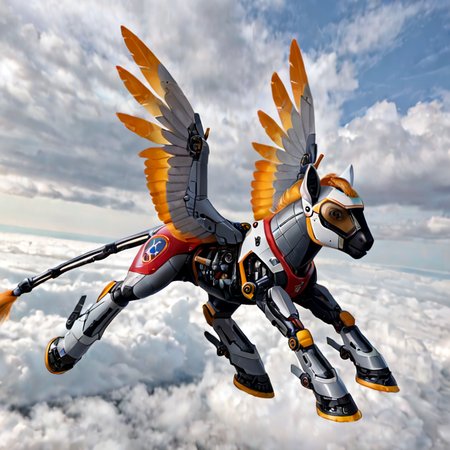 Majestic pegasus with cybernetic wings flying over a starship docking station"
A futuristic take on the classic winged horse, with mechanical enhancements soaring gracefully over a high-tech spaceport.