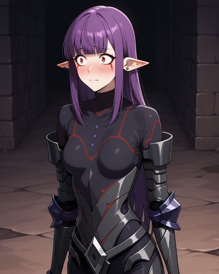 (black armor bodysuit:1.50), 
sl-esil, red eyes, purple hair, blunt bangs, ear rings, ear piercings
medium breasts, 1girl, (solo:0.60), (skinny:0.8),
(masterpiece, highres, ultra-detailed,very aesthetic, best quality, absurdres, high quality, highres), 
flustered,
,
(:1.10), 
BREAK,
,
comic,
long hair sidelocks
<lora:sl-esil-V03-illXL-000003:0.90>