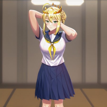 1girl, full body, blurry background, <lora:artolanc V4:1>, ahoge, blonde_hair, braid, crown, french_braid, green_eyes, hand, hands, arm, arms, looking_at_viewer, saber, solo, standing, sidelocks, dress, serafuku, school uniform, face, artolanc, (masterpiece), (best quality)