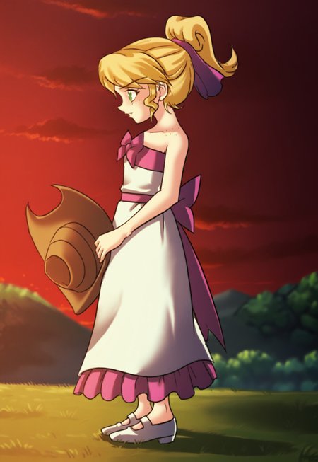 score_9, score_8, score_7, source_anime, princessapplejack, short ponytail, standing, outdoors, frills, red sky, unworn headwear, strapless dress