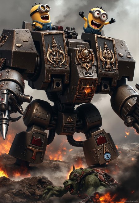 A Warhammer 40k Dreadnought stands in the midst of a  battlefield, crushing an Ork under its foot. On each of the Dreadnought's shoulders, two Minions laugh hysterically, their yellow faces glowing with mischievous glee. 
