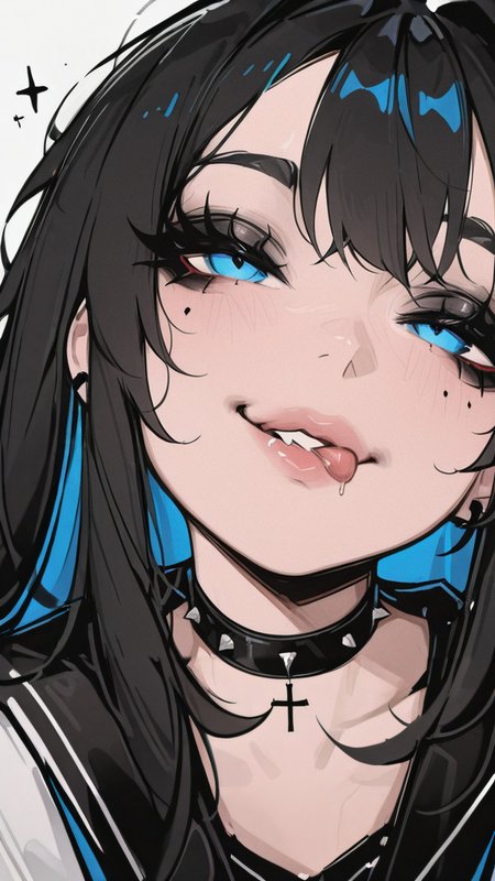 ,masterpiece,best quality,newest, <lora:Glamour_IL:1.0>  mcglam, style, 1girl, solo, black hair, licking her lips, blue eyes