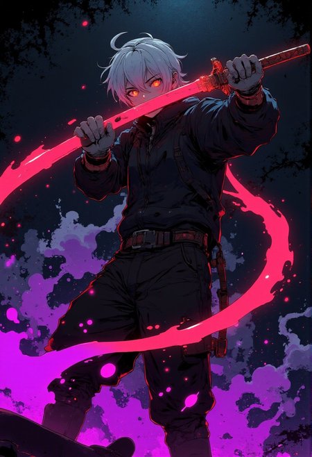 A dynamic and intense anime-style illustration featuring a colossal Dragon Samurai. The character towering and muscular, with long white hair tied in a ponytail, and glowing yellow eyes that pierce the darkness. He holds a katana in front of his face, the blade intricately etched with a red glowing dragon that seems to writhe and swirl along its length. Abstract splashes of purple and white energy swirl around, creating a sense of motion and raw power. The overall composition is dramatic, with sharp, angular lines and bold contrasts between the dark background and the vivid purple and white accents. The style is inspired by high-energy action scenes in manga or anime, with an emphasis on minimalistic colors and a high-impact, modern aesthetic. The atmosphere is dark, electrifying, and filled with a sense of impending action.