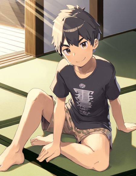 masterpiece, steelwire-style, indoors, tatami, sunlight, 1boy, brown eyes, black hair, solo, looking at viewer, smile, t-shirt, shorts, sitting on floor, barefoot, arm support, arm between legs <lora:steelwire_naiXL_v1Nd-ShoAI:1>