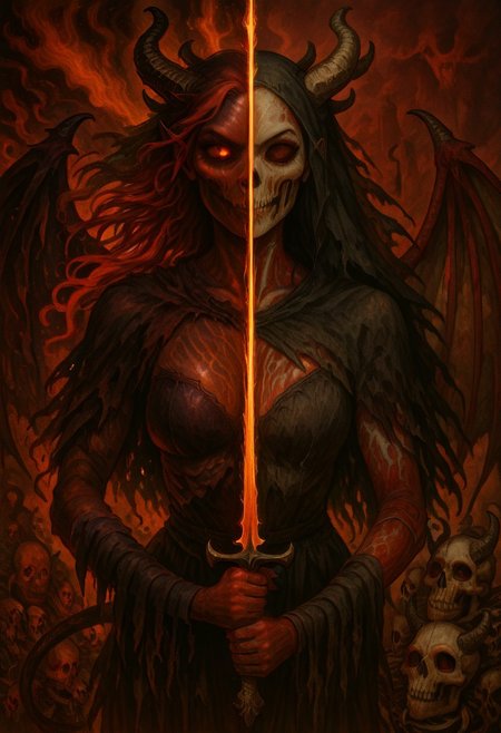 masterpiece, best quality, newest, absurdres, highres, 
DUSV1.0, split screen, split theme, dual persona, transformation, dark persona, holding sword, sword, holding weapon, holding, weapon,
1girl, red skin, red colored skin, demon girl, succubus, demon horns, horns, demon wings, demon tail, wings, horror (theme), monster girl, skull, skull mask, bones, skeleton, veil, veiled face, mask,