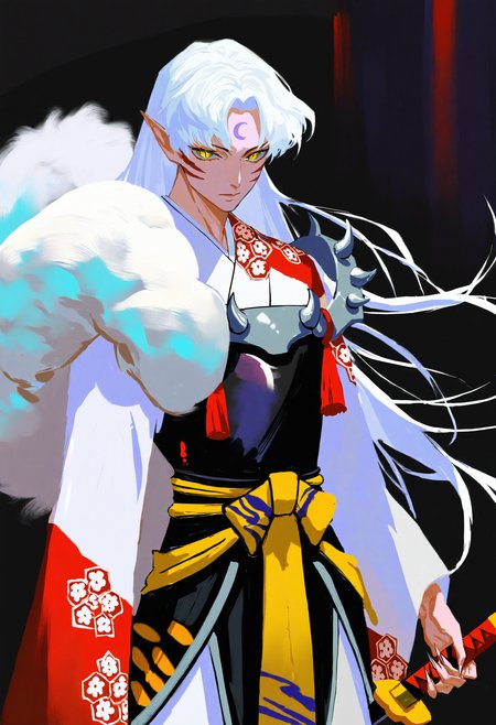 painterly, sesshoumaru, artist:[ruanjia|1473ex|yoneyama mai|cursedweeboo|daodtt|diao \(nrays\)|ravine bells], 
1boy, male focus, forehead mark, yellow eyes, solo, pointy ears,  holding sword, looking at viewer, white hair, closed mouth, long sleeves, crescent facial mark, cowboy shot, whisker markings, sharp fingernails, wide sleeves, faulds, long hair, long fingernails, crescent hair ornament, standing, white kimono, slit pupils, parted bangs, tassel,
newest, impasto, brushstroke, impressionism, chiaroscuro, newest, absurdres, masterpiece, very aesthetic