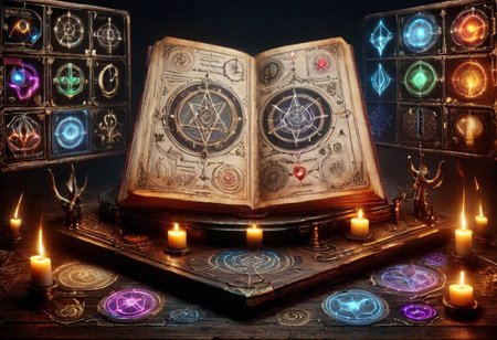 best quality, high resolution, ultra detail, a display stand for a old spell book with details of symbols of elements, soft dim lighting,