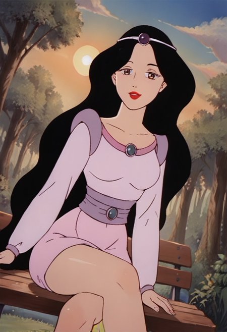 score_9_up, score_8_up, score_7_up, 1980s (style), retro artstyle, source_cartoon, rating_questionable 
JetLagSnowWhite, 1girl, black hair, long hair,  lipstick, makeup, red lips, brown eyes, tiara, circlet, jewelry, gem, dress, long sleeves, pink dress, purple dress, white dress,
solo, seductive, naughty face, sitting, crossed legs, outdoors, 1girl, bench, trees, sky, clouds, sun, looking at viewer, day, forest, cowboy shot, upper body focus, (Dutch angle:1.4), thighs
