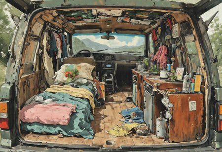 A compact hatchback parked on a sun-dappled suburban driveway, its rear hatch wide open to reveal an astonishingly organized and detailed microcosm of a life well-lived. Inside, an intricate Tetris of possessions unfolds, with each item meticulously packed to utilize every inch of space. The backseats are folded down, creating a flat surface that holds a neatly made bed with a travel pillow, a rolled-up yoga mat, and a mini refrigerator stocked with a rainbow of healthy snacks. Suspended from the ceiling is a hammock filled with plush toys and books, symbolizing childhood memories and comfort. A series of hooks and rods display an impressive wardrobe of clothes that range from business attire to hiking gear, each garment neatly folded or hanging in a way that suggests a life of adventure and professionalism. A collapsible desk is set up beside the driver's seat, equipped with a laptop, a potted plant, and a few framed photos of loved ones, hinting at a mobile office. A portable cooking station is nestled in the corner, with a tiny stove, pots, pans, and a collection of spices that speak to a love for gourmet cuisine. The dashboard is a command center with a GPS, a road trip playlist, and a collection of handwritten notes and ticket stubs from past journeys. The windshield reflects a scenic horizon, suggesting the open road and endless possibilities ahead.