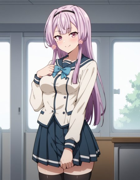 score_9, score_8_up, score_7_up, source_anime, uncensored, <lora:StS_detail_slider_v1:3>, zPDXLxxx, <lora:Sakura_Akino_PONYXL_VexVexX:1>, SakuraAkino, 1girl, pink eyes, pink hair, long hair, sidelocks, hair ornament, hair flower, hairband, mole under eye, bangs, medium breasts, school uniform, serafuku, black thighhighs, pleated skirt, long sleeves, blue bow, cowboy shot, indoors, from front, Strike a pose with a futuristic vibe, incorporating sleek lines, angular shapes, hinting at a sci-fi narrative, thighs, looking at view, smile,