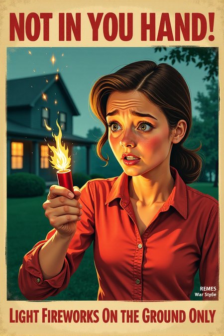 A vintage-inspired illustration of a person carelessly holding a lit firecracker in their hand, with a worried expression on their face as the fuse burns down quickly. The background is a blurred image of a house. Red, urgent text at the top screams: "NOT IN YOUR HAND! Light Fireworks On the Ground Only." Focus on the danger of holding lit explosives.  <lora:REMEs_War_Poster_Style:0.95> In REME's War Poster Style,âââ