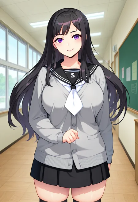 masterpiece, best quality, amazing quality, absurdres, 1girl, solo, cowboy shot, yurikoww, mature female, purple eyes, black hair, long hair, large breasts, school uniform, black serafuku, black sailor collar, white neckerchief, grey cardigan, long sleeves, black pleated skirt, black kneehighs, loafers, looking at viewer, smile, indoors, day, skindentation, detailed clothing folds, depth of field, sharp, high contrast, dynamic light <lora:Ootori_Yuriko_Saaya_Shinsou_Noise_ill:0.8>