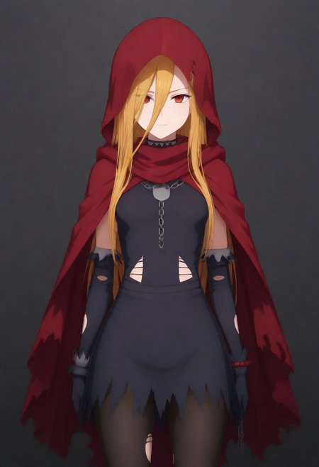 masterpiece, best quality, amazing quality,,, shiny skin,,,,,, <lora:Evileye:1> N4rb3r4lG4mm4, red eyes, blonde hair, very long hair, hair between eyes, torn clothes, hood, pantyhose, black dress, gloves, chain, hooded cloak, shackles,
