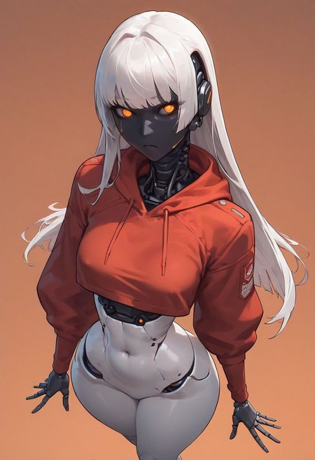 score_9, score_8_up, score_7_up, 1girl, solo, from above, white long hair, flat breasts, bangs, arched back, large hips. Thin waist,  Bulges,dark eyes, too tight burgundy hoodie,giant huge large fat ass, too tight short,hangging her own breasts, pervert girl, sexual pose,provocative, orange background, robot joints, intervention unit, very complex robot