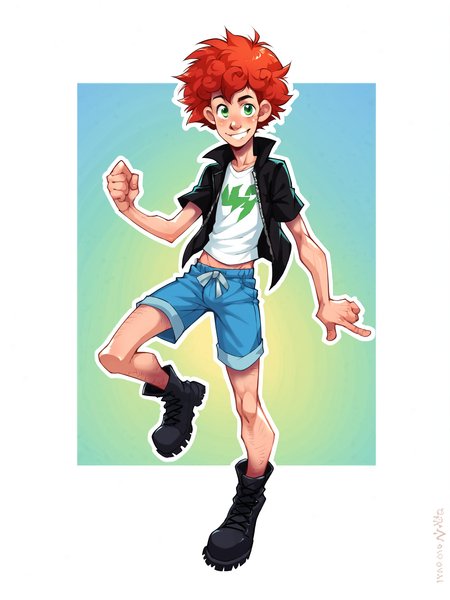 score_9, score_8up, score_7up, score_6up, score_5up, score_4up, BREAK
y0shka, abstract background, BREAK
male, solo, red hair, curly hair, green eyes, clothed, shorts, boots, BREAK
source_cartoon, rating_safe, BREAK
<lora:Yoshka:1>