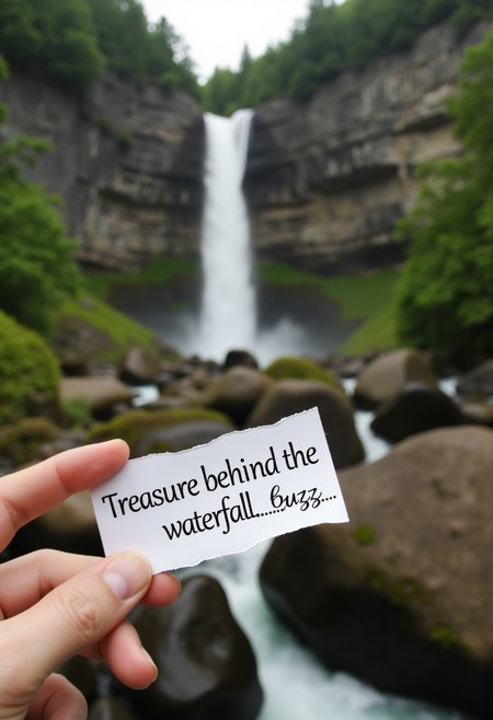 A hand holds a piece of torn paper with the words 'Treasure behind the waterfall. Buzz....buzz' written on it. In the background, a stunning waterfall cascades down rocky cliffs, surrounded by lush greenery. The scene conveys a sense of adventure and tranquility
