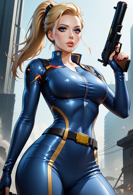 woman in cyberpunk era, young, fallout series soldier, cartoon, anime, slim, fit and slender figure, firm breasts, she is a villain standing above viewer, view from below, gun aiming at viewer, blonde ponytail hair, alluring makeup, captivating blue eyes, an upturned nose, a delicate jawline, parted pouty full lips, slutty uniform,