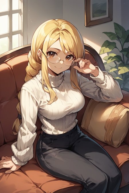 score_9, score_8_up, score_7_up, score_6_up, source_anime, 1girl, solo BREAK  <lora:agrias-pdxl-nvwls-v1-000005:0.9> agrias, blonde hair, brown eyes, braided ponytail, white sweater, cable-knit sweater, black pants, medium breasts, glasses, smile, couch, sitting, lounge, looking at you