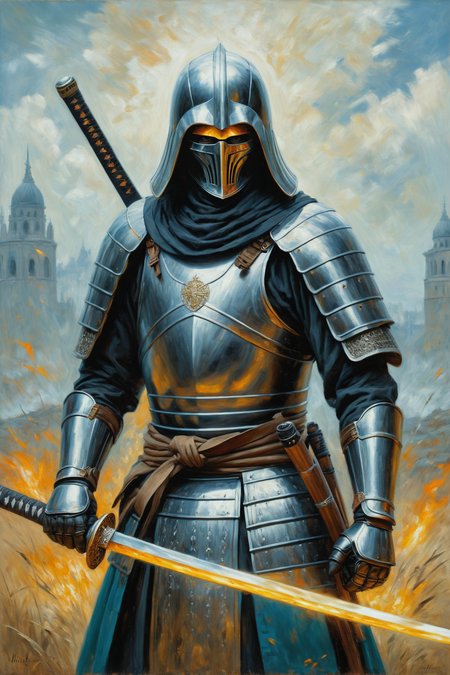(by Mike Worrall and Monika Macdonald:1.20), (by Hisui Sugiura and Monika Macdonald and Thomas Saliot0.80), oil painting <lora:oil_painting_envy_anime:0.60> ,,warlike, heroic, mythic, intimidating,  templar wielding a katana <lora:katana:0.35>  ,