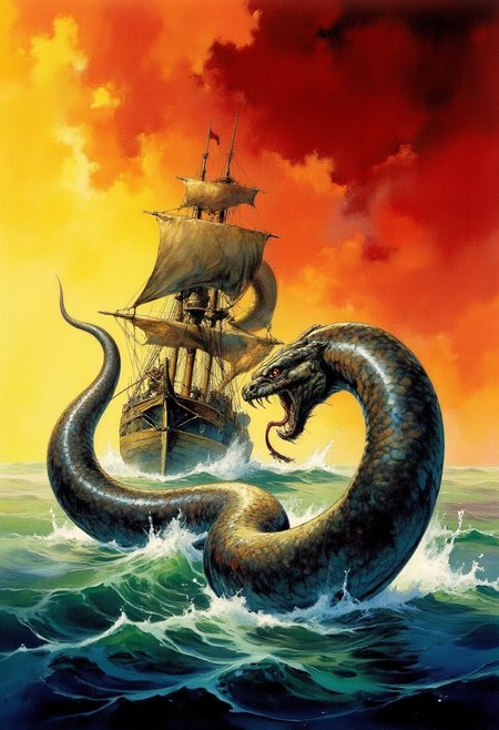 Comic book style 8k high quality digital painting , masterpiece, very detailed, ultra realistic, (best quality) very detailed epic masterpiece, a sailing ship on a stormy ocean is being attacked by a giant sea snake emerging from the water, winding around the ship, big waves, dramatic dark red yellow sky, action, scary, best quality, epic scene,  Dungeons and dragons atmosphere, heroic fantasy, fna_style, Comic book style