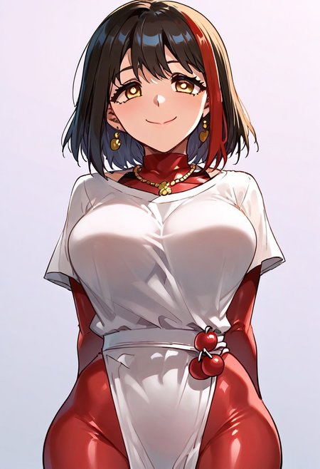 score_9, score_8_up, score_7_up, ASCII masterpiece, source_anime, BREAK, 1girl, solo,  (( <lora:sakura_tsumiki:1> , sakura_tsumiki, thin waist, wide hips, beautiful skin, beautiful black hair with 1 red hair lock, medium bob haircut, bangs, clear eyes, piercing yellow eyes, bright pupils, beautiful eyes, huge and shaggy breast, beauty, extraordinary beautiful woman , attractive woman , super sexy woman , lustful body, sexy woman with seductive obscene body, sensual body, voluptuous body, )) , ((sexy erotic footless handless full red latex bodysuit, long gold earring, gold necklace with gold cherry-shape pendant, )) , closed mouth, sexy pose, seducative smile, indoor, night club, looking at viewer, horny, seductive, hands behind back, standing, from below, cowboy shot, front view, closing up, leans forward, huge cleavage,