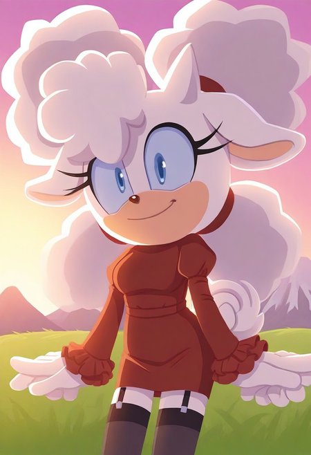 sonic (series), 1girl, happy, outdoors, grass, mountain, sunlight, <lora:bonsoirdude-sc25-il-9-20:1>, sonicchann3l, Leaning against an invisible bar,  orange open sweater, furry sweater, frilled sleeves, red dress shirt, juliet sleeves, brown pencil skirt, black stockings, garter belt, black adidas, <lora:bonsoirdude-lannyv3-il-7-12:0.9>, lanolin the sheep, afro puffs, white skin, curled tail, teal sclera, medium breasts, pink nose