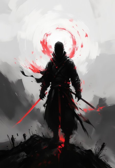 aidmaimageupgrader, samurai, hill, back view, katana, sword, shadow, silhouette, black and white, monochrome, red accents, dramatic lighting, atmospheric, foggy background, japanese culture, minimalist, moody, contrast, sunset glow, isolated figure, reflective pose,pscho_4rt