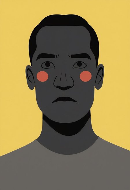 mpzthzz, solo, 1boy, male focus, simple background, blush stickers, portrait, dark skin, yellow background, black eyes, looking at viewer, dark-skinned male, closed mouth, shirt, memphis corporate design, flat art, flat coloring, simple, vector art, corporate art, cel shading, cel shaded, score_9, score_8_up