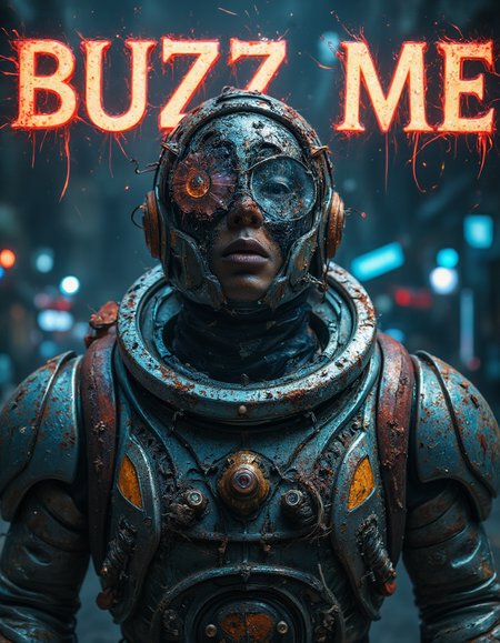 A striking magazine cover titled "BUZZ ME" featuring a futuristic, battle-worn Buzz Lightyear from *Toy Story*, his iconic spacesuit now tattered and worn. His once pristine armor is ripped, showing patches of rust and battle scars, with torn fabric and exposed circuitry beneath. His helmet is cracked, and the usually vibrant colors are faded, reflecting a dystopian world. In the background, a neon-lit cyberpunk city skyline looms, contrasting the faded hero against the glowing, chaotic future. The text "BUZZ ME" is boldly displayed in neon lights above, with a grunge, graffiti-style font. Shot with a **Hasselblad X1D II 50C**, 45mm f/3.5 lens, the magazine cover focuses on capturing the weathered textures of Buzzâs suit, with a sharp contrast between the retro sci-fi character and the futuristic, gritty backdrop.