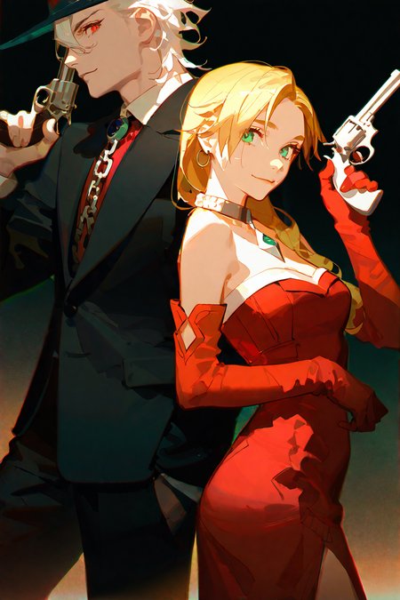 masterpiece, best quality, good quality, very aesthetic, absurdres, newest,ask \(askzy\),
2 men,1 boy, 1 girl,Calamity Jane\(fate grand order\),Edmond Dantès\(fate grand order\),smile,closed mouth, looking at viewer,holding gun,revolver gun,
eyes detail,green eyes,red sweater dress, standing,ring,necklace,elbow gloves,gloves,bracelet, chain necklace,
red eyes,white hair,black suit,suit pants,hat,
simple background,Cinematic Lighting,cowboy shot,
<lora:96YOTTEA-WAI:0.4> <lora:ponyv4_noob1_2_adamW:0.6> <lora:illustrious_noobai_epsilon_pred_1_masterpieces_v1:0.6> <lora:HandFixer_pdxl_Incrs_v1:1>  <lora:DetailedEyes_V3:1>