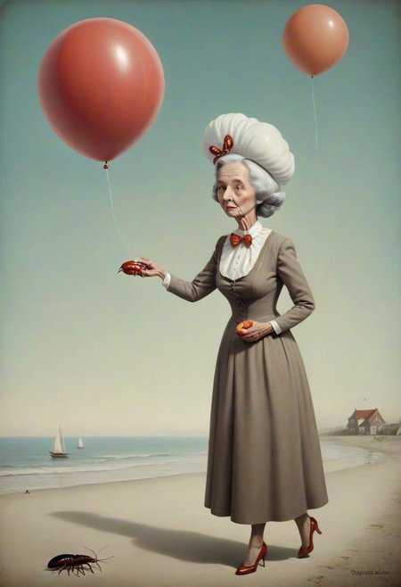 surreal  (((( old  lady))))) beach  promenade lobster bowler-hat apple balloon