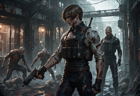 solo,1boy,((solo)),alone,male focus,solo,leon kennedy, brown hair, light blue eyes,bulletproof vest,standing,battle-ready,,holding gun,stealth,blood,torn clothes,shirts,pantszombie apocalypse,BREAK,zombi crowd,zombie crowd,bald,zombies,zombiedark,gloomy,ruined place,full body,indoor,detailed eyes,one hand down,expressive,cinematic,side view,indoors,far away,  ,detailed eyes,perfect eyes,motion blur,motion lines,motion cinematic,dutch angle,bokeh,depth of view,apocalyptic,dystopian,abandoned,spare bullets,zombie apocalypse,ral-zmbyz,zombie outbreak,resident evil