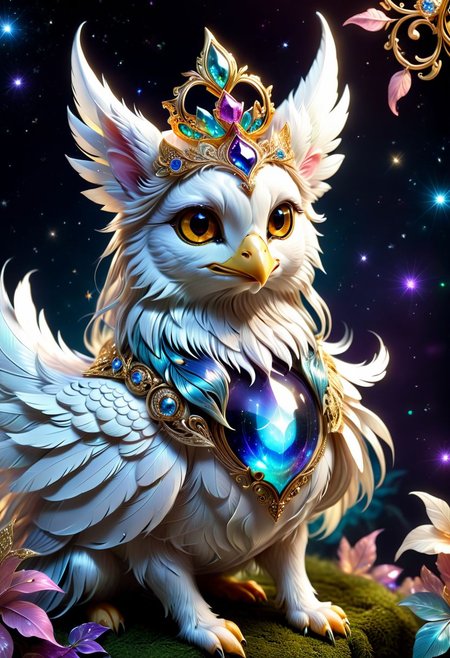 A small and cute royal hen spawns an adorable non-human celestial animal in the celestial and fantasy style. the animal is supposed to be the most beautiful animal ever created. Consider details such as soft, feathers, silk, satin, shimmer and shimmer. Include subtle details of ghostly iridescence. emphasize small fancy details and ornate jewelry. Camera: Use interesting and dynamic composition. increase visual interest. lighting: use ambient lighting that enhances the atmosphere of the fantasy. include bright colors and deep shadows. hires, detailed eyes, hires detailed eyes, hires small details, elaborate details, ornate, 8k, shimmer, unity, official cgi unreal engine, high resolution, (((masterpiece))), high quality, high resolution, detail enhancement, (bright and light-eyed),