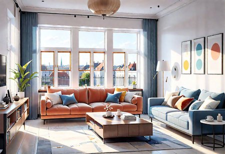 ((front view)), Shallow scene, ((animation style)), modern-style interior, with white walls, (large windows), Nordic-style furniture, a  study, Sofa, coffee table, bookcase, single wall, 
warm light morning sun, (the view of the city)