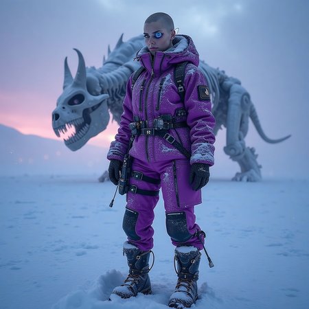 Frostpunk style, frostpunk style determined female  (covered in snow, frost, and/or icicles), bald, mechanical_eyes, wearing a cryo purple survivalist outfit, futuristic snow boots, bionic eye, set in  a frozen tundra where the skeletal remains of some colossal beast lie half-buried in the ice, a reminder of a lost world. , at dawn,,  <lora:flux_trainer/frostPunk_v1.1.safetensors:1.0>,  <lora:scifi/moxiePunk_v3D.safetensors:1.0>, .  Icy, futuristic aesthetic incorporating frozen elements, augmented mechanical technology, neon-lit snow-covered cityscapes.