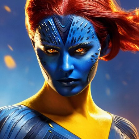 concept art of  <lora:Mystique X-Men:1>
Mystique X-Men a closeup of a woman with red hair and yelloweyes and blue body, digital artwork, illustrative, painterly, matte painting, highly detailed